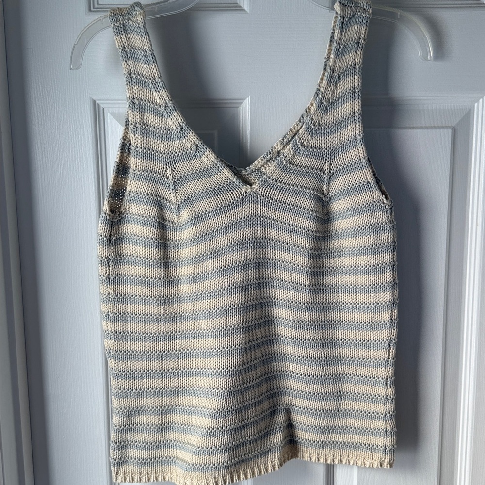 Calvin Klein Cream and Light Blue Striped Cotton Knit Tank. Size Small. EUC